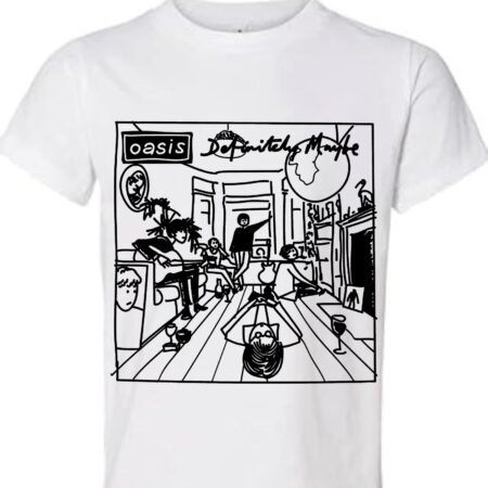 Oasis Definitely Maybe Album-Inspired White T-Shirt with Black-and-White Artistic Sketch Print