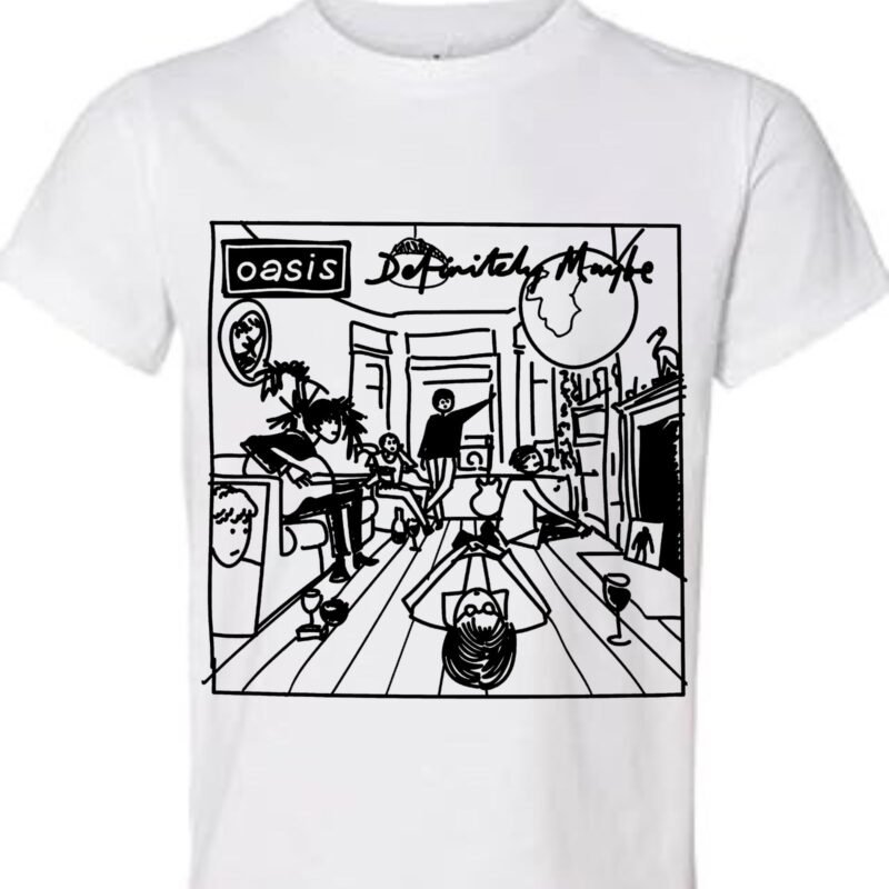 Oasis Definitely Maybe Album-Inspired White T-Shirt with Black-and-White Artistic Sketch Print