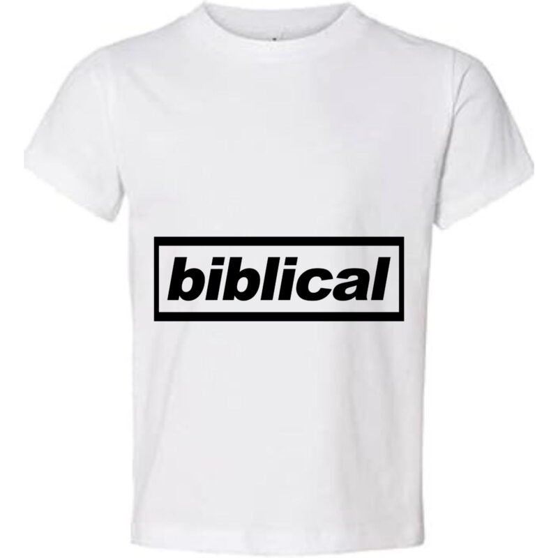 Minimalist White T-Shirt with Bold 'biblical' Typography Print