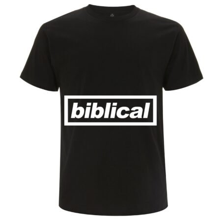 Minimalist Black T-Shirt with Bold ‘biblical’ Typography Print