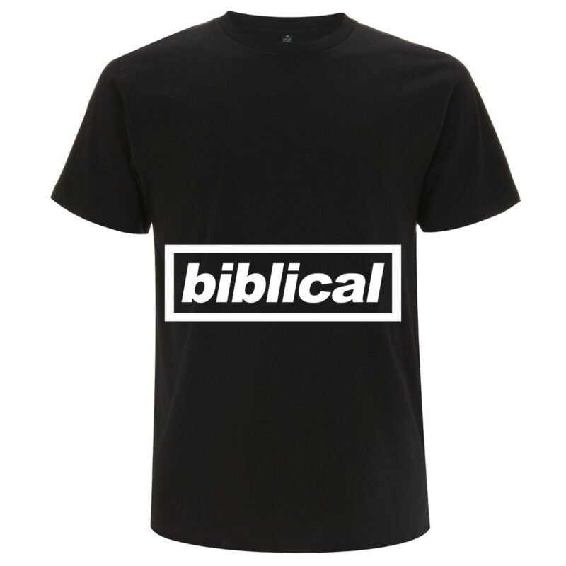 Minimalist Black T-Shirt with Bold ‘biblical’ Typography Print